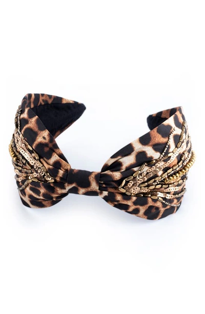 Shop Namjosh Beaded Leopard Print Headband In Leopard/ Gold
