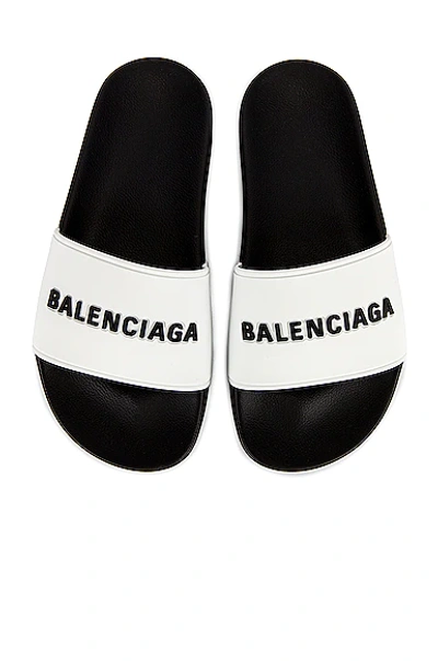 Shop Balenciaga Rubber Logo Pool Slides In White & Black