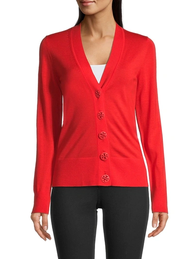 Shop Tory Burch Merino Wool Button-up Cardigan In Red