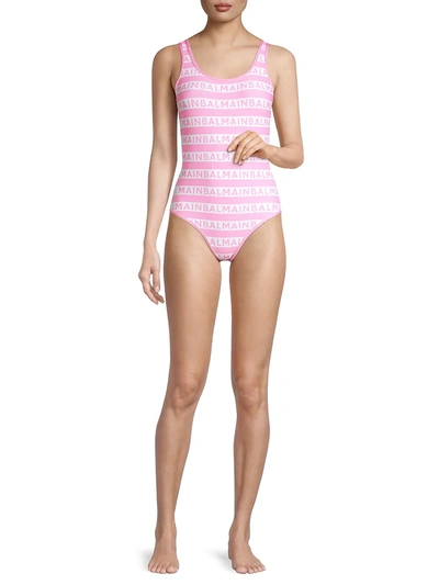 Shop Balmain Olimpionic Stripe Logo One-piece Swimsuit In Pink White