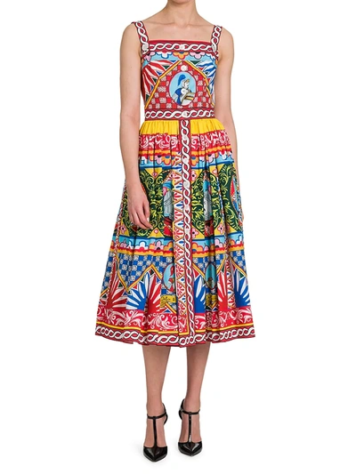 Shop Dolce & Gabbana Carretto Mixed Print Poplin Midi Dress In Neutral