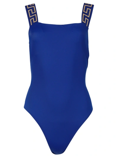 Shop Versace Greca Logo Trim One-piece Swimsuit, Lapis Blue