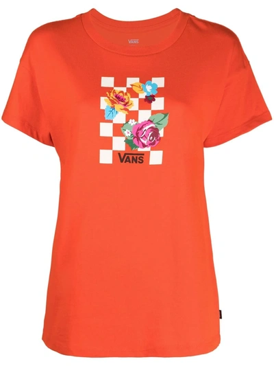 Shop Vans Floral Checkerboard Logo T-shirt In Orange