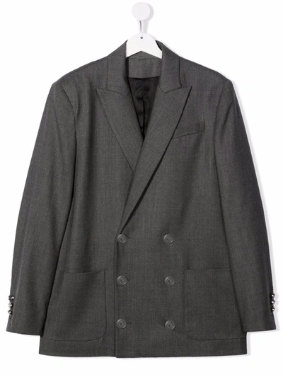 Shop Balmain Teen Double-breasted Blazer In Grey