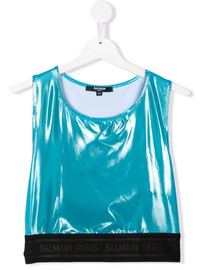 Shop Balmain Teen High-shine Metallic Crop Top In Blue