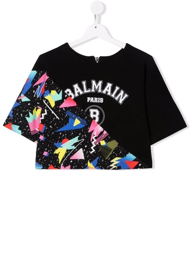 Shop Balmain Teen Graphic-print Logo Cropped T-shirt In Black