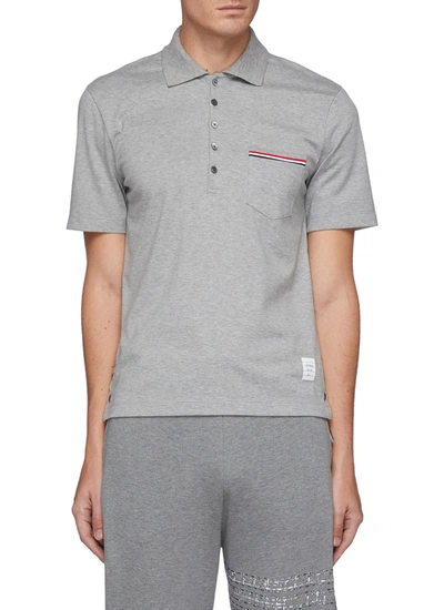 Shop Thom Browne Tricolour Trim Patch Pocket Cotton Jersey Polo Shirt In Grey