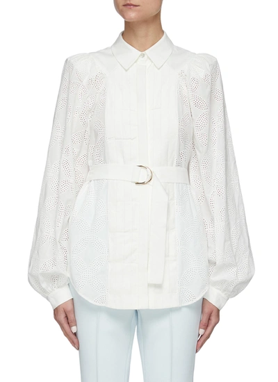 Shop Acler 'klara' Belted Floral Perforated Sleeve Pleated Chest Cotton Shirt