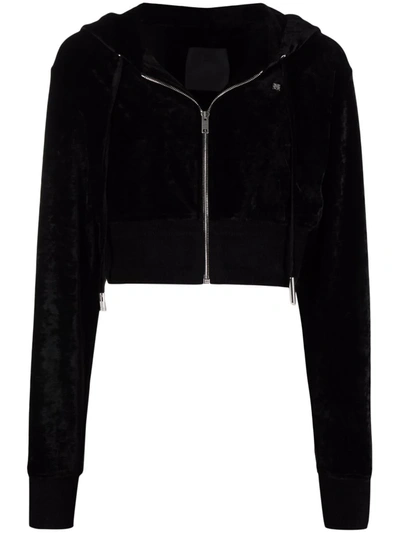 Givenchy Cropped Embellished Crushed-velvet Hoodie In Black