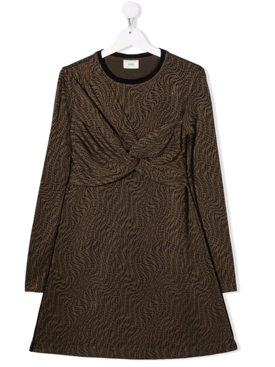 Shop Fendi Monogram-print Long-sleeve Dress In Brown