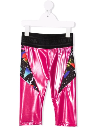 Shop Balmain Metallic Print-panelled Cropped Leggings In Pink