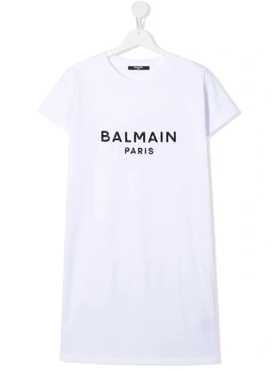 Shop Balmain Teen Sequin-logo Embellished T-shirt Dress In White