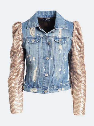 Shop L2r The Label Puff Sleeves Upcycled Denim Jacket With Tan Sequined Sleeves In Blue