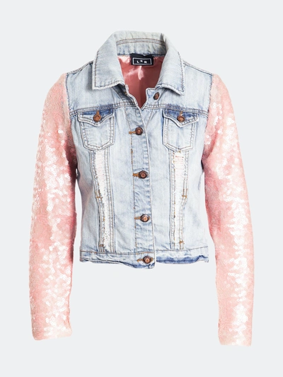 Shop L2r The Label Puff Sleeves Upcycled Denim Jacket With Pink Sequined Sleeves In Blue