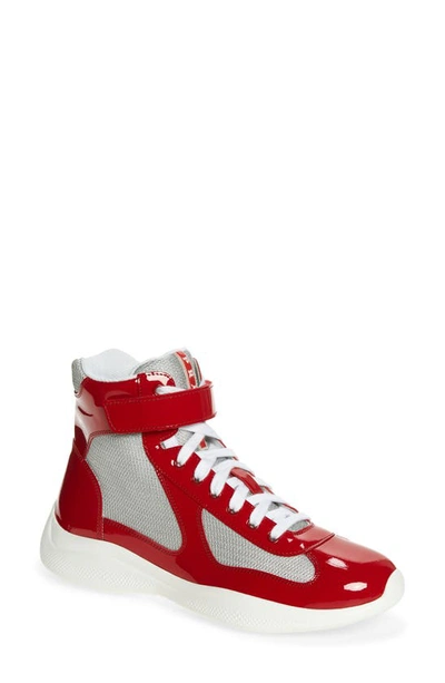 Prada Men's America's Cup Patent Leather High-top Sneakers In Rosso Argento  | ModeSens