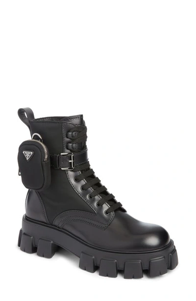 Shop Prada Monolith Mini Bag Lug Sole Combat Boot In Black