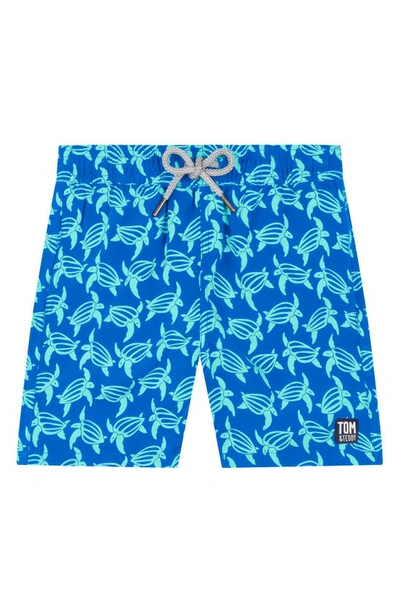 Shop Tom & Teddy Kids' Turtle Print Swim Trunks In Blue Ice Green
