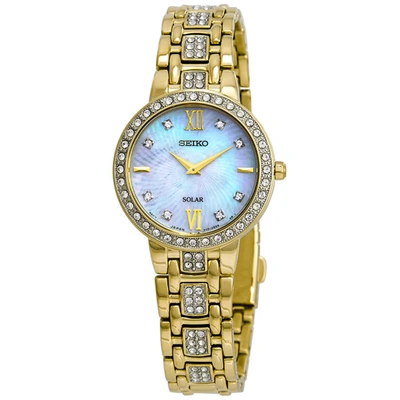 Shop Seiko Solar Crystal White Mother Of Pearl Dial Ladies Watch Sup364 In Gold Tone,mother Of Pearl,white,yellow