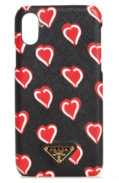 Shop Prada Heart Saffiano Leather Iphone X Case In Nero/ Red