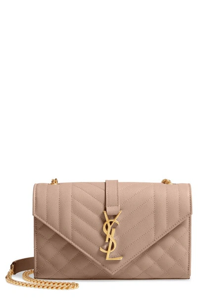 Shop Saint Laurent Small Envelope Calfskin Leather Shoulder Bag In Dark Beige