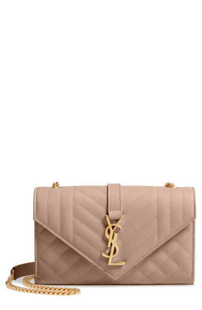 Saint Laurent Envelope Triquilt Small Ysl Shoulder Bag In Grained Leather In Dark Beige