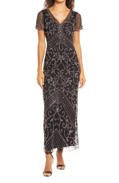 Shop Pisarro Nights Beaded Mesh Column Gown In Black/mercury