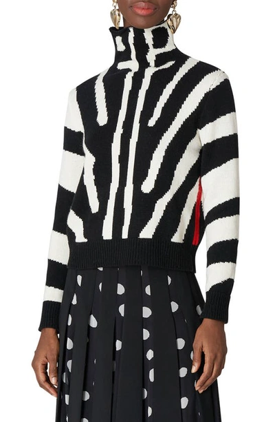 Shop Carolina Herrera Zebra Stripe Funnel Neck Wool-cashmere Sweater In White Black