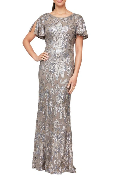 Shop Alex Evenings Sequin Floral Fit & Flare Gown In Mink