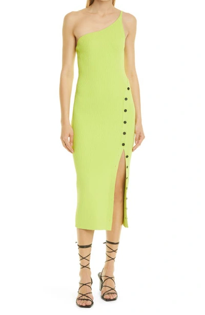 Shop Self-portrait Ribbed One-shoulder Dress In Neon Lime