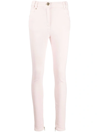 Shop Balmain High-waisted Zip-detail Denim Jeans In Pink