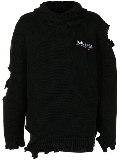 Shop Balenciaga Distressed-effect Embroidered-logo Hoodie In 黑色