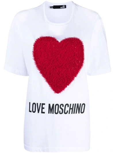 Shop Love Moschino Textured-heart Cotton T-shirt In White