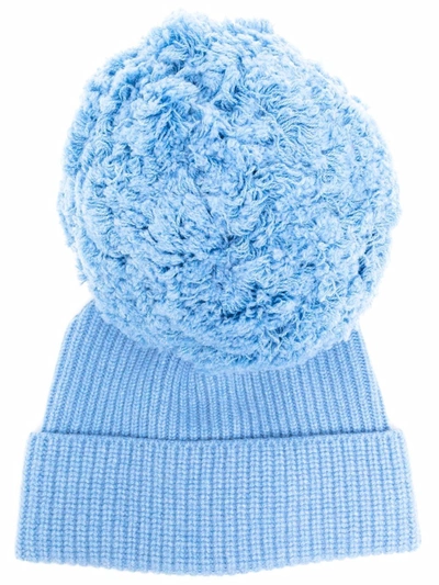 Shop Alberta Ferretti Pompom-detailed Knitted Beanie In Blue