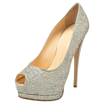 Pre-owned Giuseppe Zanotti Silver Glitter And Leather Sharon Peep Toe Platform Pumps Size 40