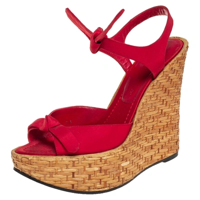 Pre-owned Dolce & Gabbana Red Canvas Wedge Ankle Strap Sandals Size 38