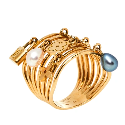 Louis Vuitton 18k Yellow Gold and Pearl Monogram Charm Ring Size
