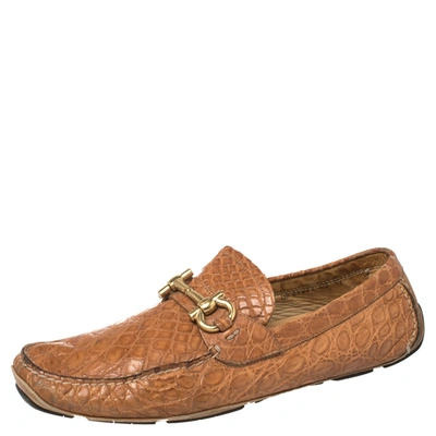 Pre-owned Ferragamo Light Brown Croc Leather Parigi Slip On Loafers Size 45