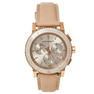 Pre-owned Burberry Beige Rose Gold Plated Stainless Steel Leather Bu9704 Unisex Wristwatch 38 Mm