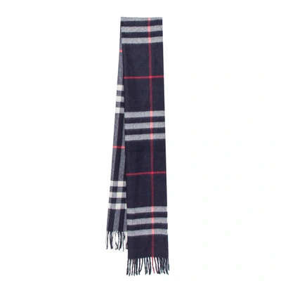Pre-owned Burberry Navy Blue Classic Checkered Cashmere Fringed Stole