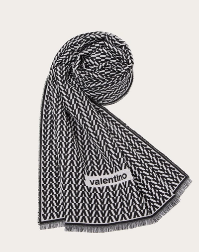 Shop Valentino Garavani Optical  Jacquard Stole In Wool, Cashmere And Silk 75x200 Cm In Black/white