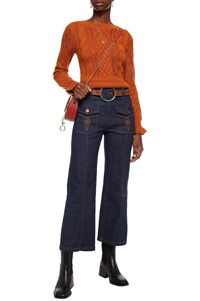 Shop See By Chloé Cropped Embroidered High-rise Bootcut Jeans In Dark Denim