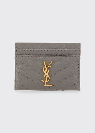 Shop Saint Laurent Monogramme Grain De Poudre Leather Card Case, Golden Hardware In Fog