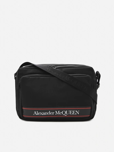 Shop Alexander Mcqueen Cotton Messenger Bag With Contrasting Logo In Black