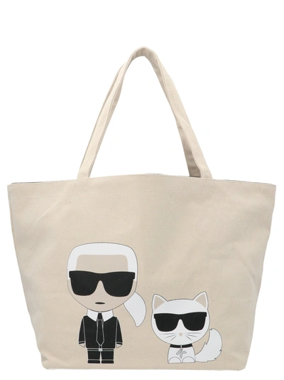 Shop Karl Lagerfeld Printed Shopping Bag In Beige