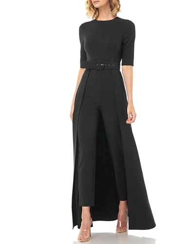 Shop Kay Unger Sasha Elbow-sleeve Stretch Crepe Overlay Jumpsuit In Black