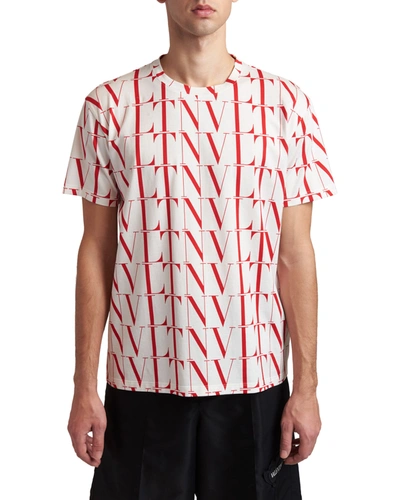 Shop Valentino Men's Vltn-print Short-sleeve T-shirt In White/red