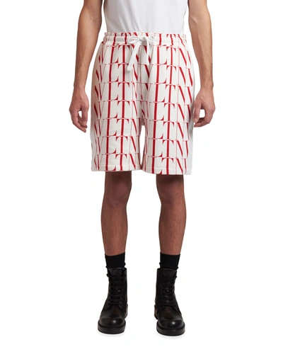 Shop Valentino Men's Cotton Felpa Vltn Sweat Shorts In White/red