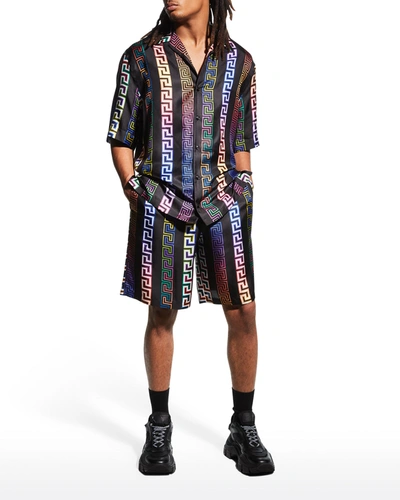 Shop Versace Men's Neon Greca Silk Shorts In Blackmulticolor