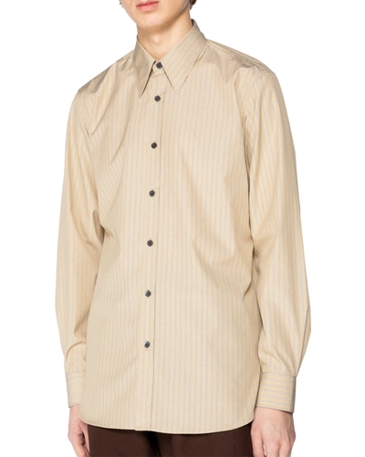 Shop Dries Van Noten Men's Cadogan Striped Point-collar Sport Shirt In White