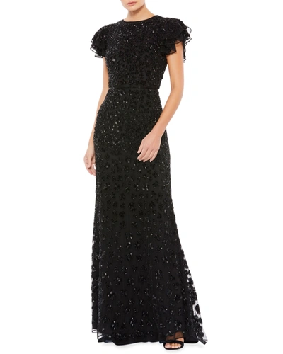Shop Mac Duggal Butterfly-sleeve Floral Sequin Gown In Black